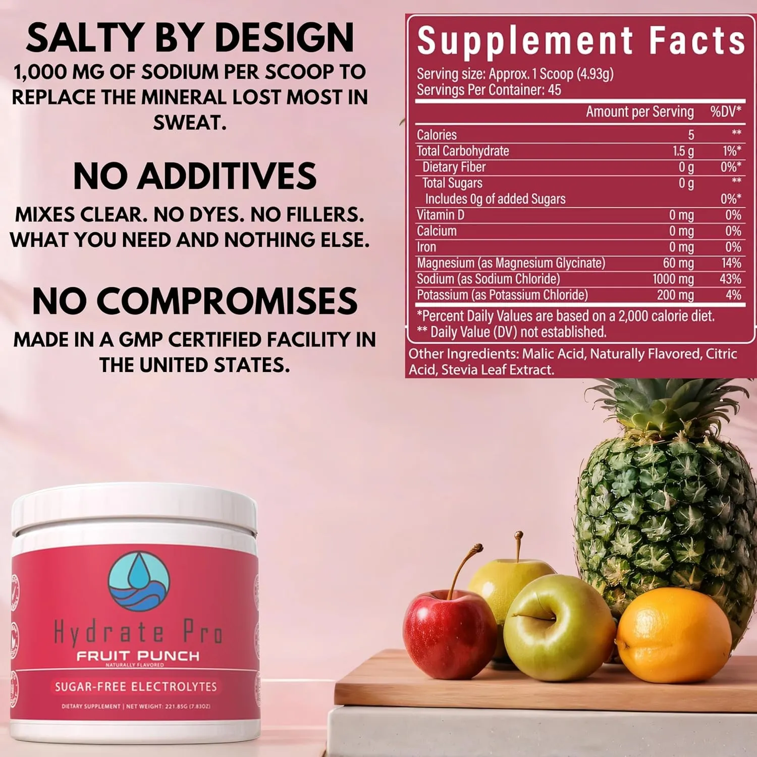 Sugar-Free Electrolyte Powder | 1000mg High-Sodium Electrolyte Complex | POTS Support & Keto Flu Prevention | 45 Servings Natural Hydration (Fruit Punch)