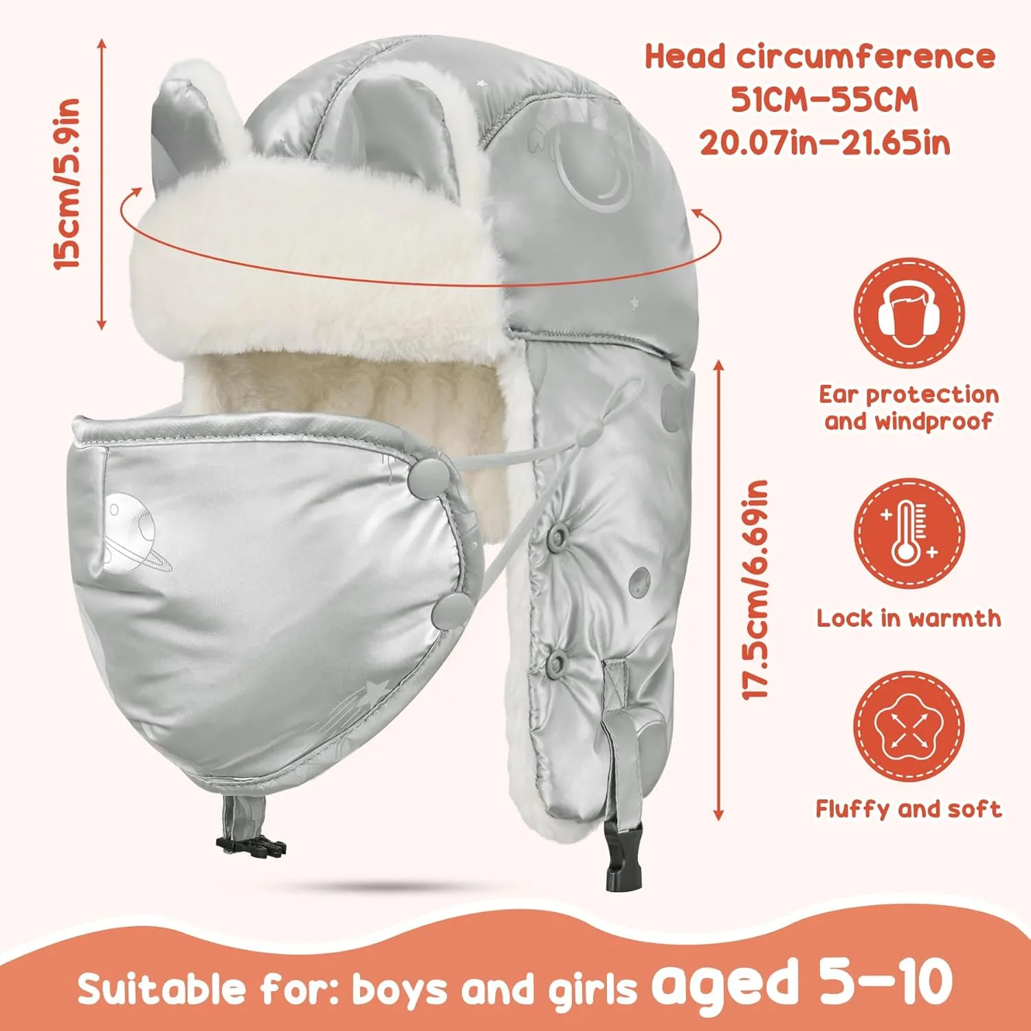 Sukeen Kids Trapper Hat for Girls Boy Windproof Kids Warm Hat Fur-Lined Earflap Hat with Mask for Cold Snow Weather