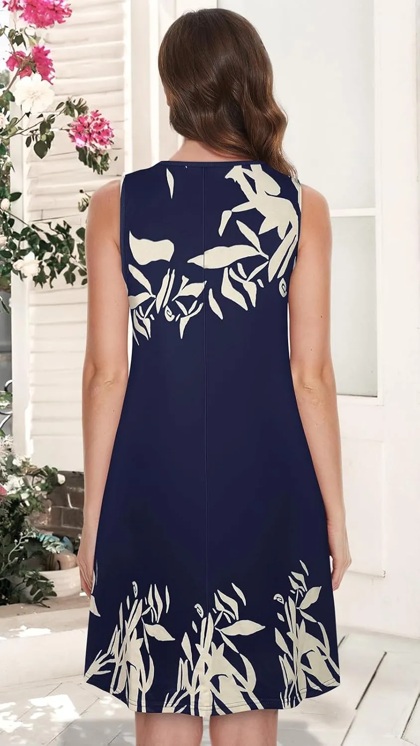 Summer Dresses for Women Casual Sleeveless Sundress Floral Loose Fit Beach Cover Up with Pocket