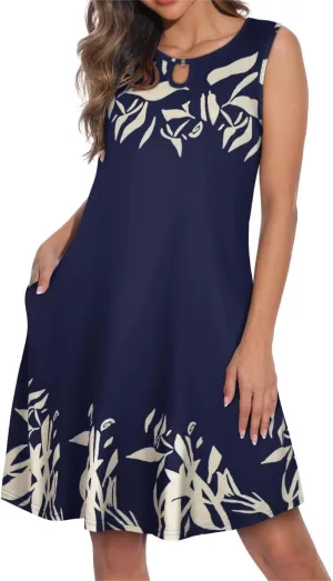 Summer Dresses for Women Casual Sleeveless Sundress Floral Loose Fit Beach Cover Up with Pocket