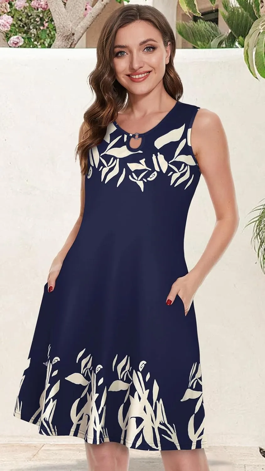 Summer Dresses for Women Casual Sleeveless Sundress Floral Loose Fit Beach Cover Up with Pocket