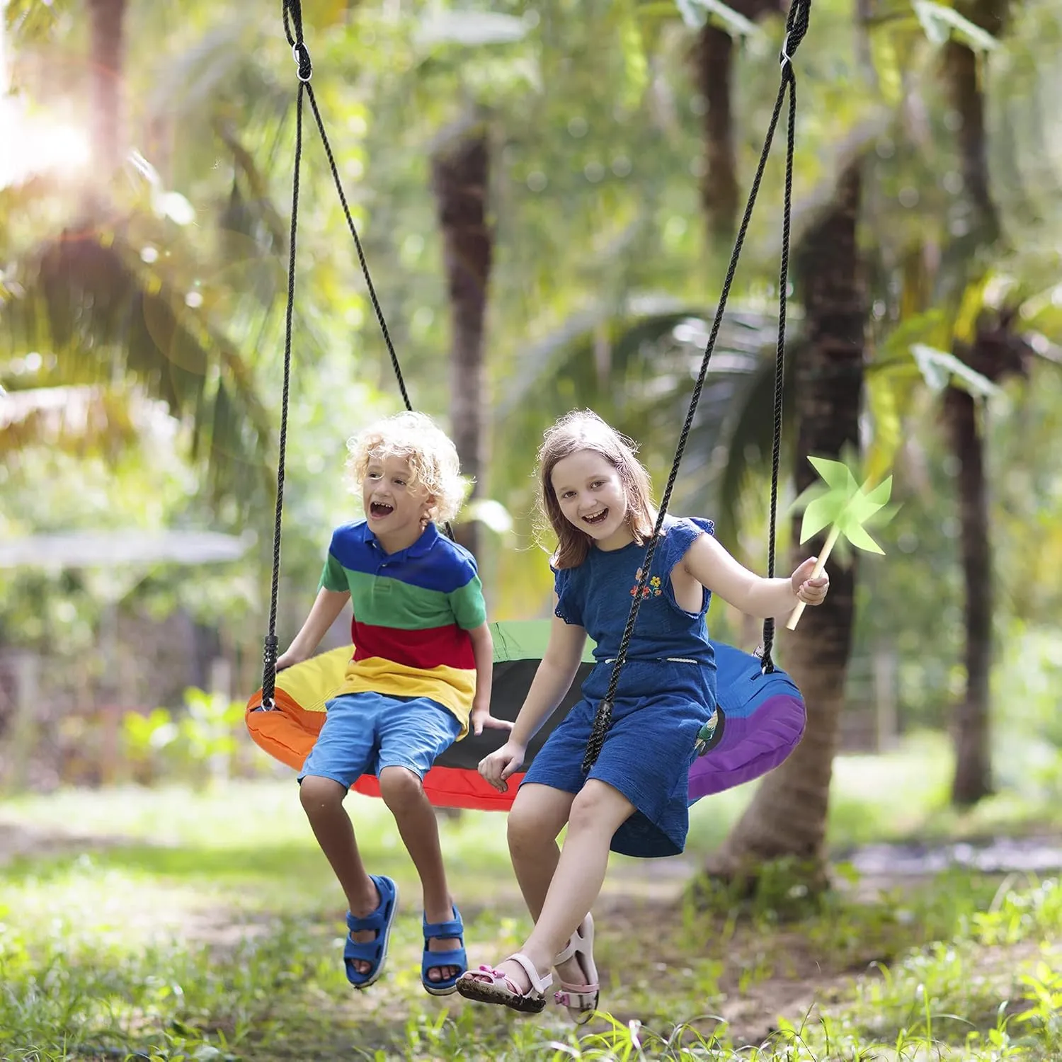SUPER DEAL 40 Inch Saucer Tree Swing Set for Kids, 800lbs Rainbow Flying Swing Seat with Adjustable Hanging Ropes, Waterproof Textliene Fabric and Steel Frame for Outdoor Playground Backyard