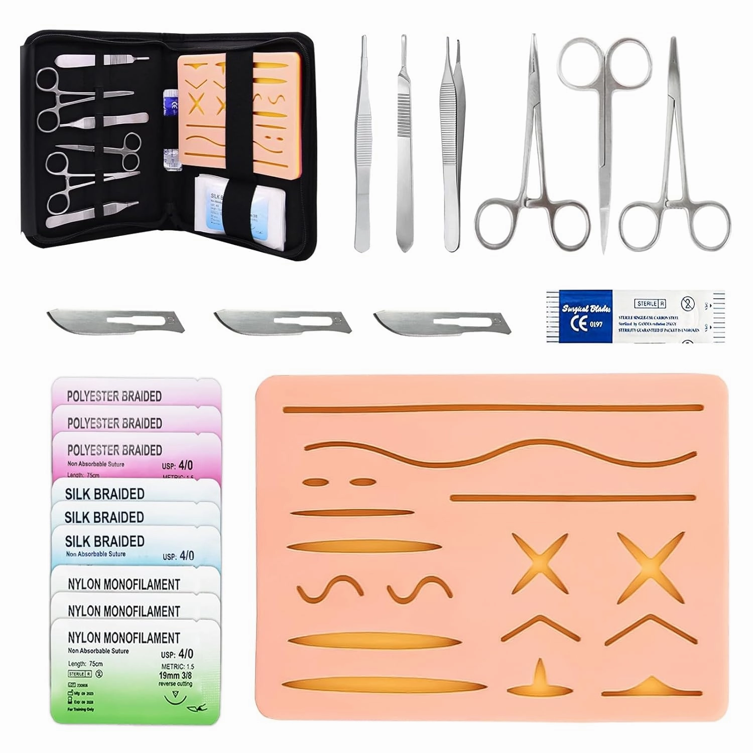 Suture Practice Kit for Medical Students - TopExer Suturing Kit (20 Pieces) with Durable Silicone Suturing Pad Includes 17 Pre-Cut Wounds Suture Tools Practice Suture Threads and Needles
