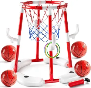 Swimming Pool Basketball Hoop Toy for Kids 2 3 4 5 6 Years Old - Floating Pool Basketball Game Toys with 4 Balls Air-Pump, Outdoor Play, Poolside Summer Water for Boys Girls Age 4-8-12 (Red)