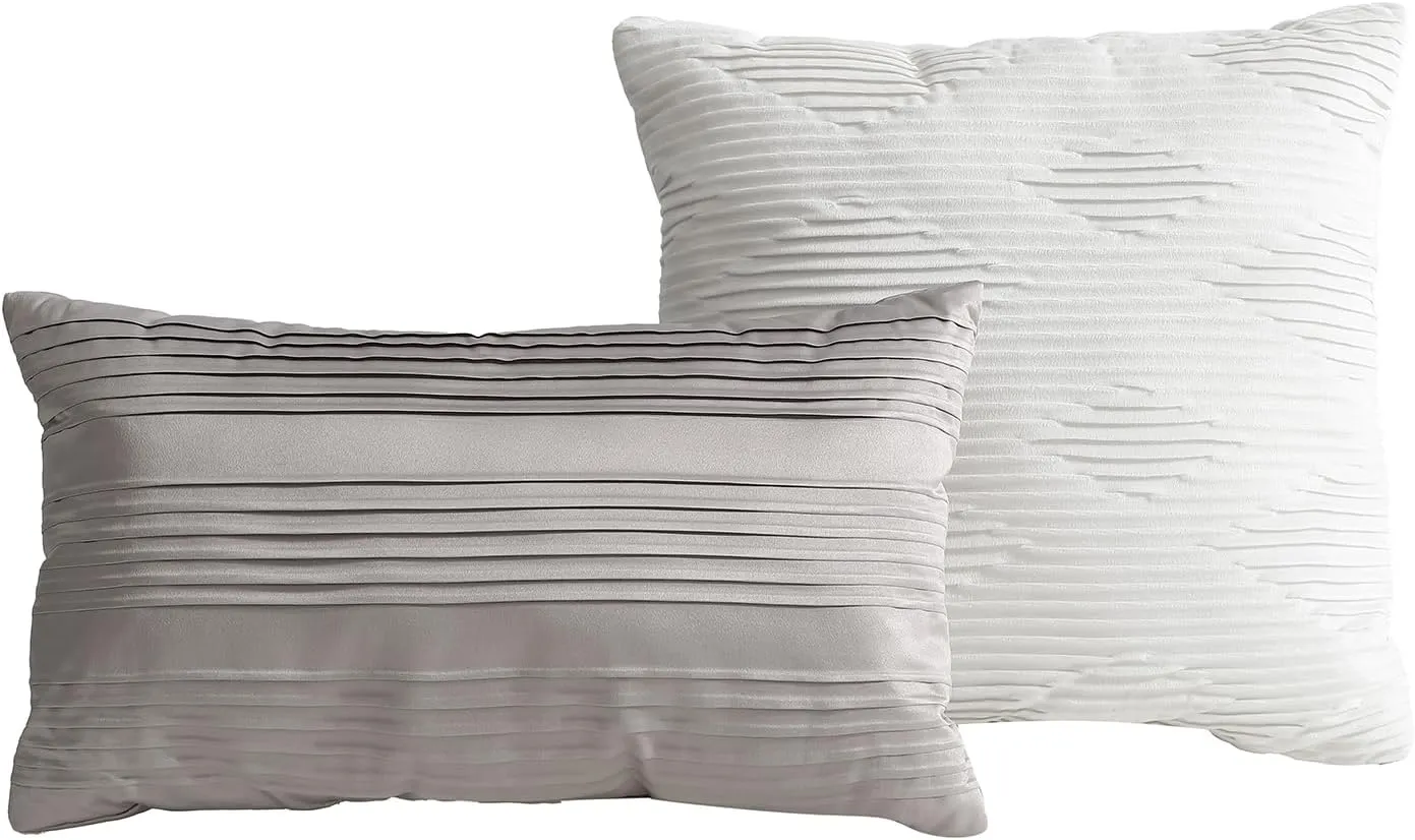 TAHARI Home - Queen Size Comforter, 5-Piece Jacquard Bedding Set with Matching Shams & Decorative Pillows (Lilliana Collection, Light Grey)