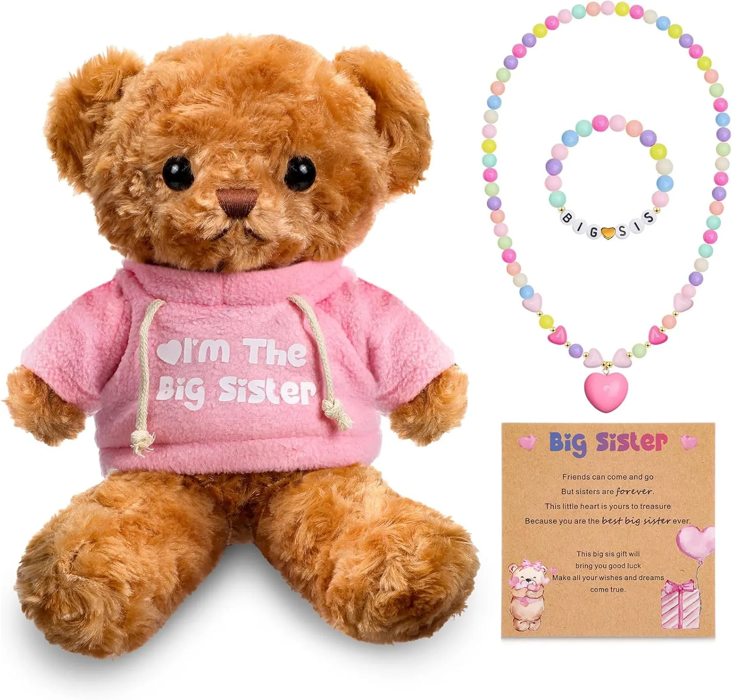Taiyin Big Sister Gift Set Big Sister Bear with Bracelet Necklace Jewelry Stuffed Animal Bear Toy Gift for Little Girls Christmas