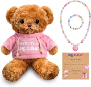 Taiyin Big Sister Gift Set Big Sister Bear with Bracelet Necklace Jewelry Stuffed Animal Bear Toy Gift for Little Girls Christmas