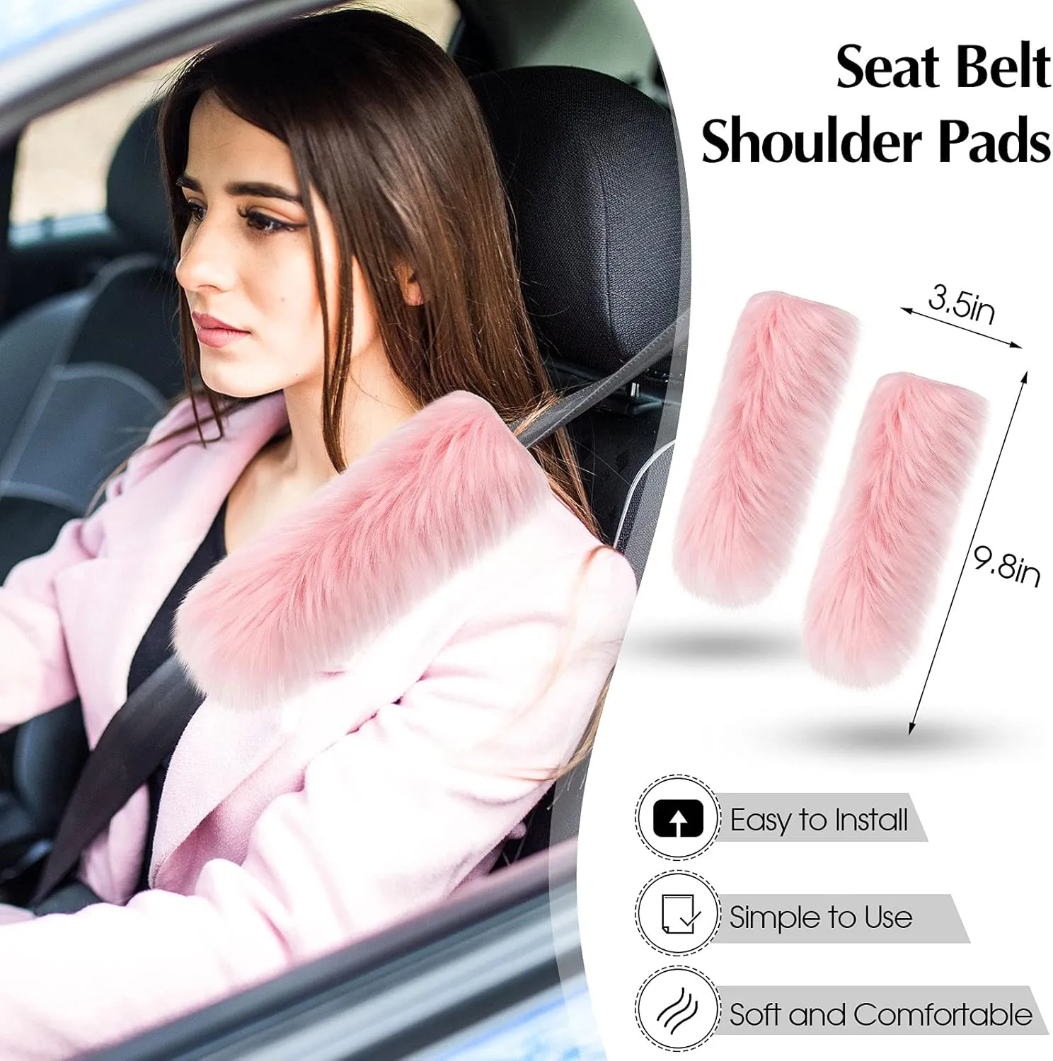 Tallew 6 Pieces Fluffy Steering Wheel Covers Winter Wool Fur Handbrake Warm Gear Steering Wheel Cover Console Seat Belt Shoulder Pads Accessories Furry Non-slip Car Decor(Long Hair,Pink)