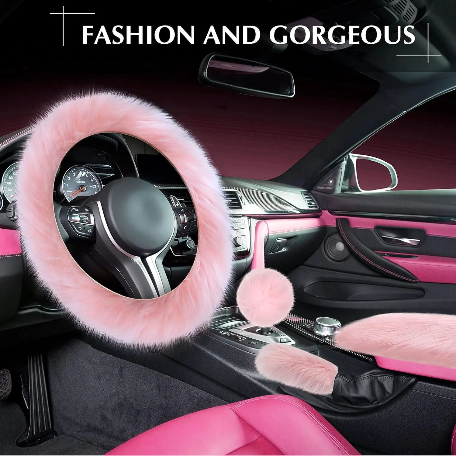 Tallew 6 Pieces Fluffy Steering Wheel Covers Winter Wool Fur Handbrake Warm Gear Steering Wheel Cover Console Seat Belt Shoulder Pads Accessories Furry Non-slip Car Decor(Long Hair,Pink)