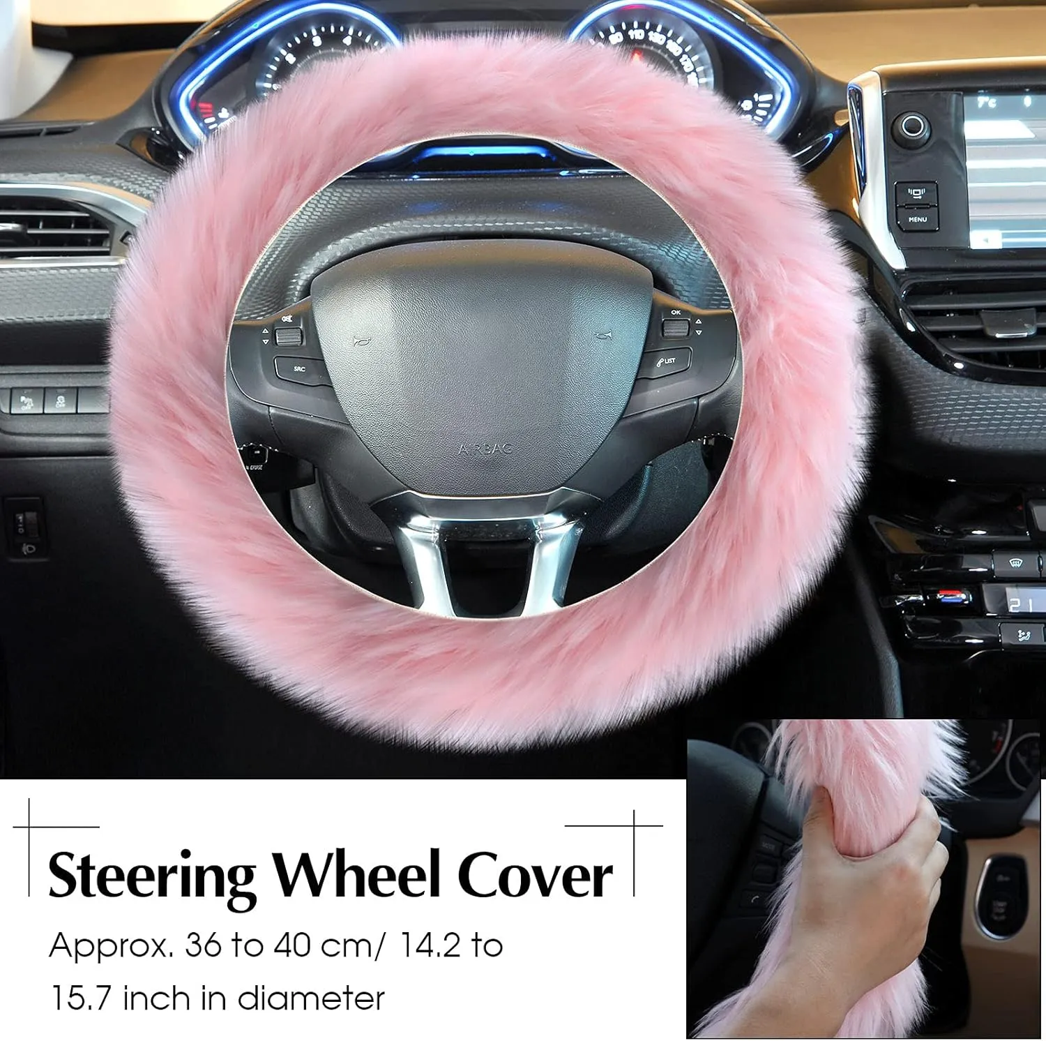 Tallew 6 Pieces Fluffy Steering Wheel Covers Winter Wool Fur Handbrake Warm Gear Steering Wheel Cover Console Seat Belt Shoulder Pads Accessories Furry Non-slip Car Decor(Long Hair,Pink)