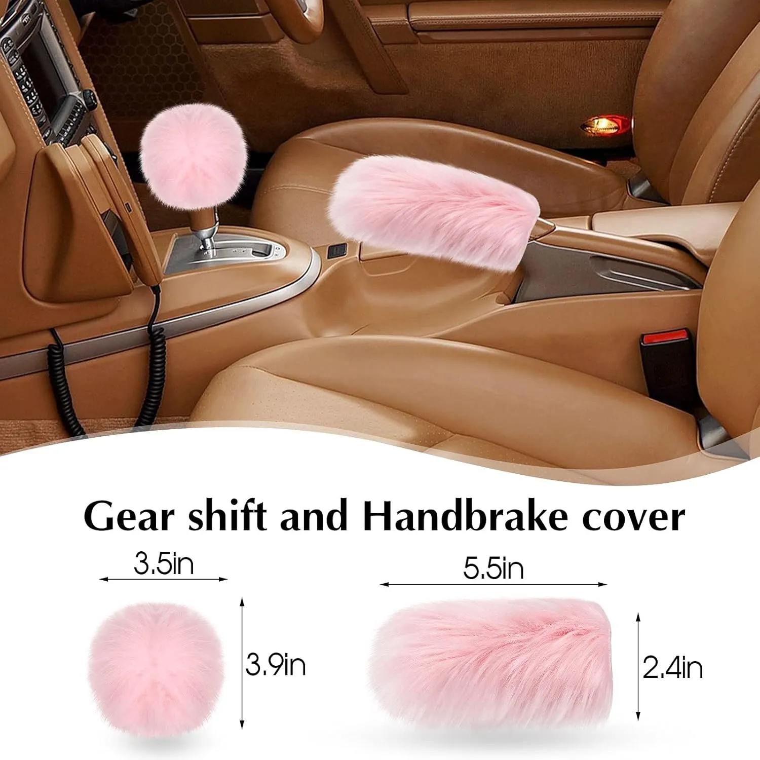 Tallew 6 Pieces Fluffy Steering Wheel Covers Winter Wool Fur Handbrake Warm Gear Steering Wheel Cover Console Seat Belt Shoulder Pads Accessories Furry Non-slip Car Decor(Long Hair,Pink)