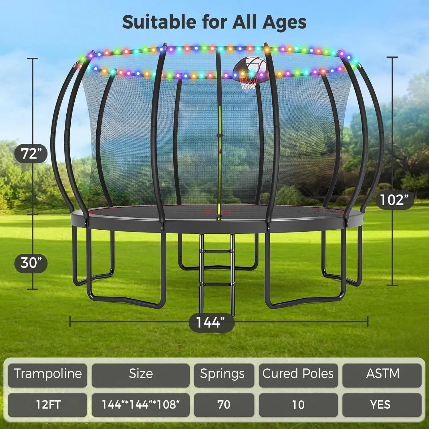 Tatub 10 12 14 15 16FT Outdoor Trampoline with Lights for Kids and Adults, Outdoor Recreational Trampolines with Sprinkler & Stakes, Basketball Hoop & Enclosure Net
