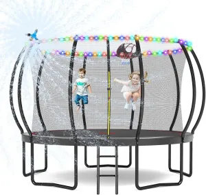 Tatub 10 12 14 15 16FT Outdoor Trampoline with Lights for Kids and Adults, Outdoor Recreational Trampolines with Sprinkler & Stakes, Basketball Hoop & Enclosure Net