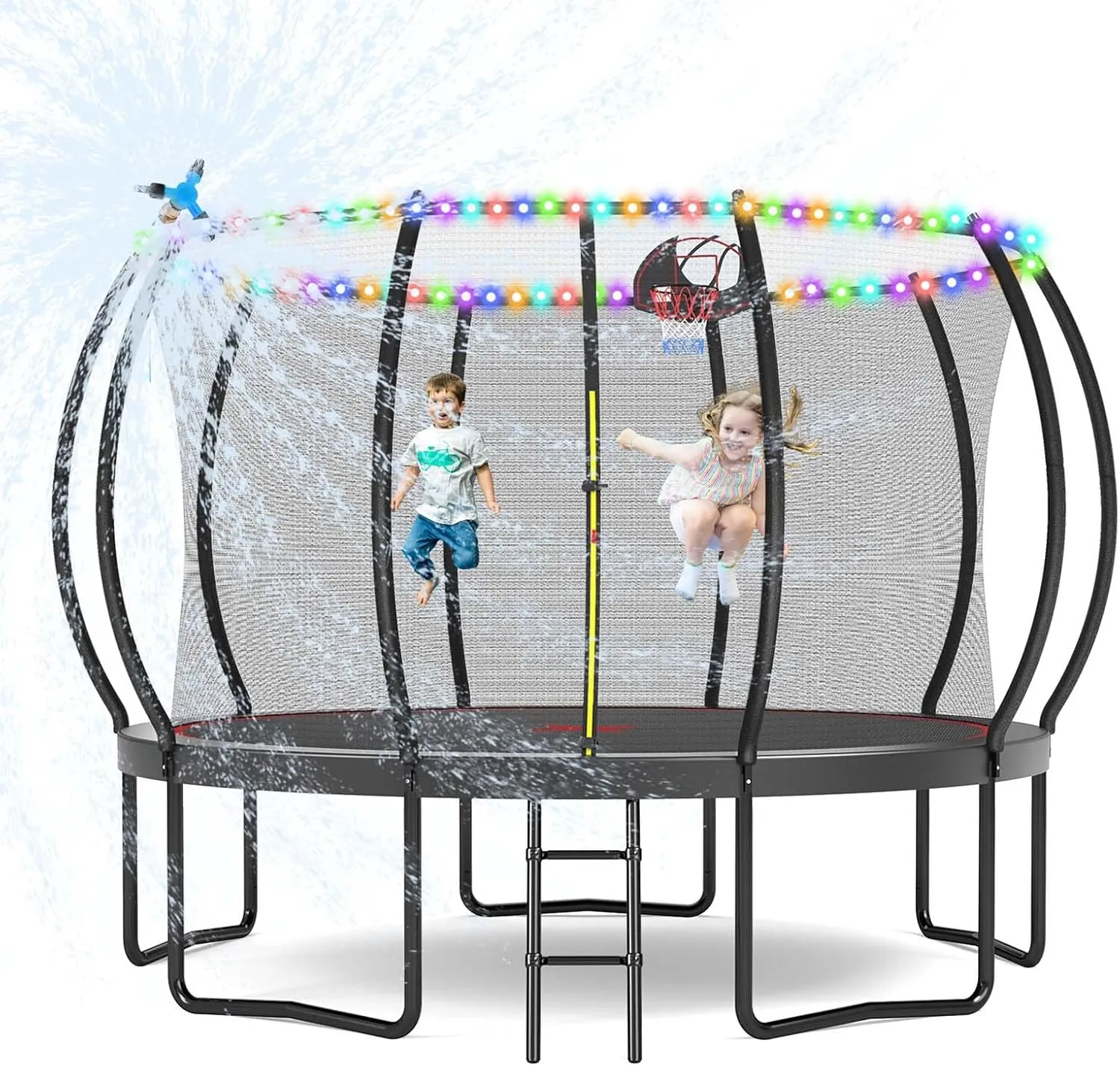 Tatub 10 12 14 15 16FT Outdoor Trampoline with Lights for Kids and Adults, Outdoor Recreational Trampolines with Sprinkler & Stakes, Basketball Hoop & Enclosure Net