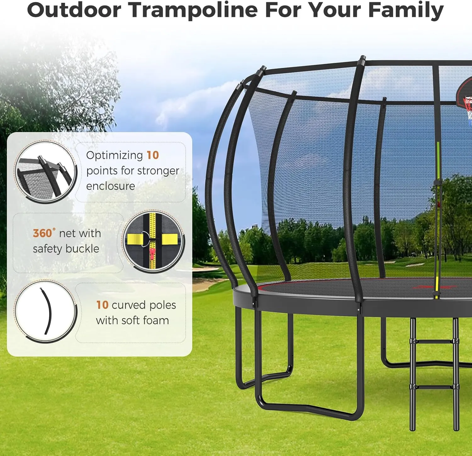 Tatub 10 12 14 15 16FT Outdoor Trampoline with Lights for Kids and Adults, Outdoor Recreational Trampolines with Sprinkler & Stakes, Basketball Hoop & Enclosure Net