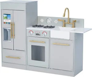 Teamson Kids Little Chef Charlotte Modern Modular Interactive Wooden Play Kitchen with Refrigerator, Stove and Sink in Gray with Gold Accents