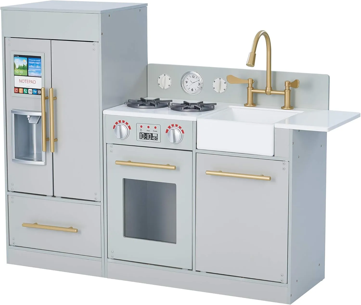 Teamson Kids Little Chef Charlotte Modern Modular Interactive Wooden Play Kitchen with Refrigerator, Stove and Sink in Gray with Gold Accents