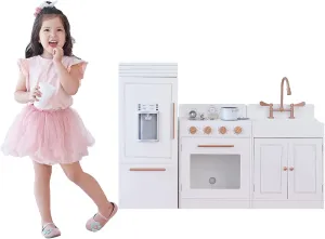 Teamson Kids Little Chef Paris Modular Contemporary Interactive Wooden Play Kitchen with Refrigerator, Oven, Sink, and Storage Space for Easy Clean Up, White with Rose Gold Finishes