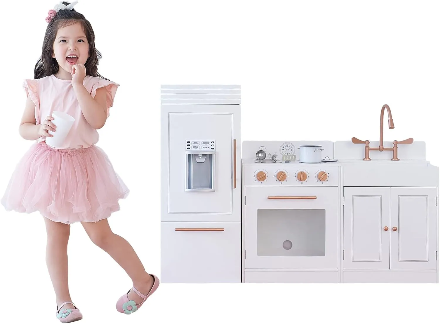 Teamson Kids Little Chef Paris Modular Contemporary Interactive Wooden Play Kitchen with Refrigerator, Oven, Sink, and Storage Space for Easy Clean Up, White with Rose Gold Finishes