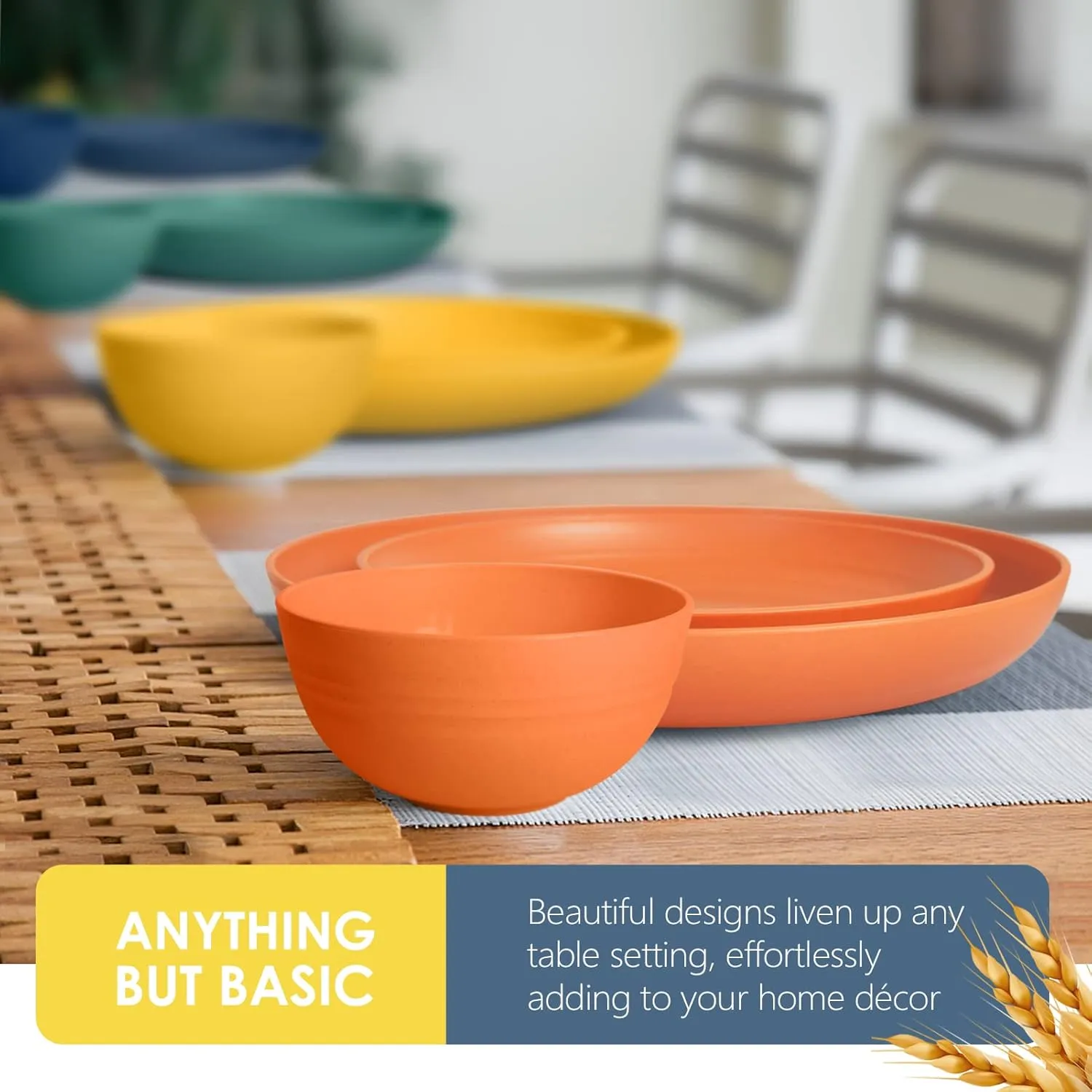 Teivio 32-Piece Kitchen Plastic Wheat Straw Dinnerware Set, Service for 8, Dinner Plates, Dessert Plate, Cereal Bowls, Cups, Unbreakable Colorful Plastic Outdoor Camping Dishes, Autumn Multicolor