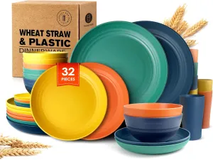 Teivio 32-Piece Kitchen Plastic Wheat Straw Dinnerware Set, Service for 8, Dinner Plates, Dessert Plate, Cereal Bowls, Cups, Unbreakable Colorful Plastic Outdoor Camping Dishes, Autumn Multicolor