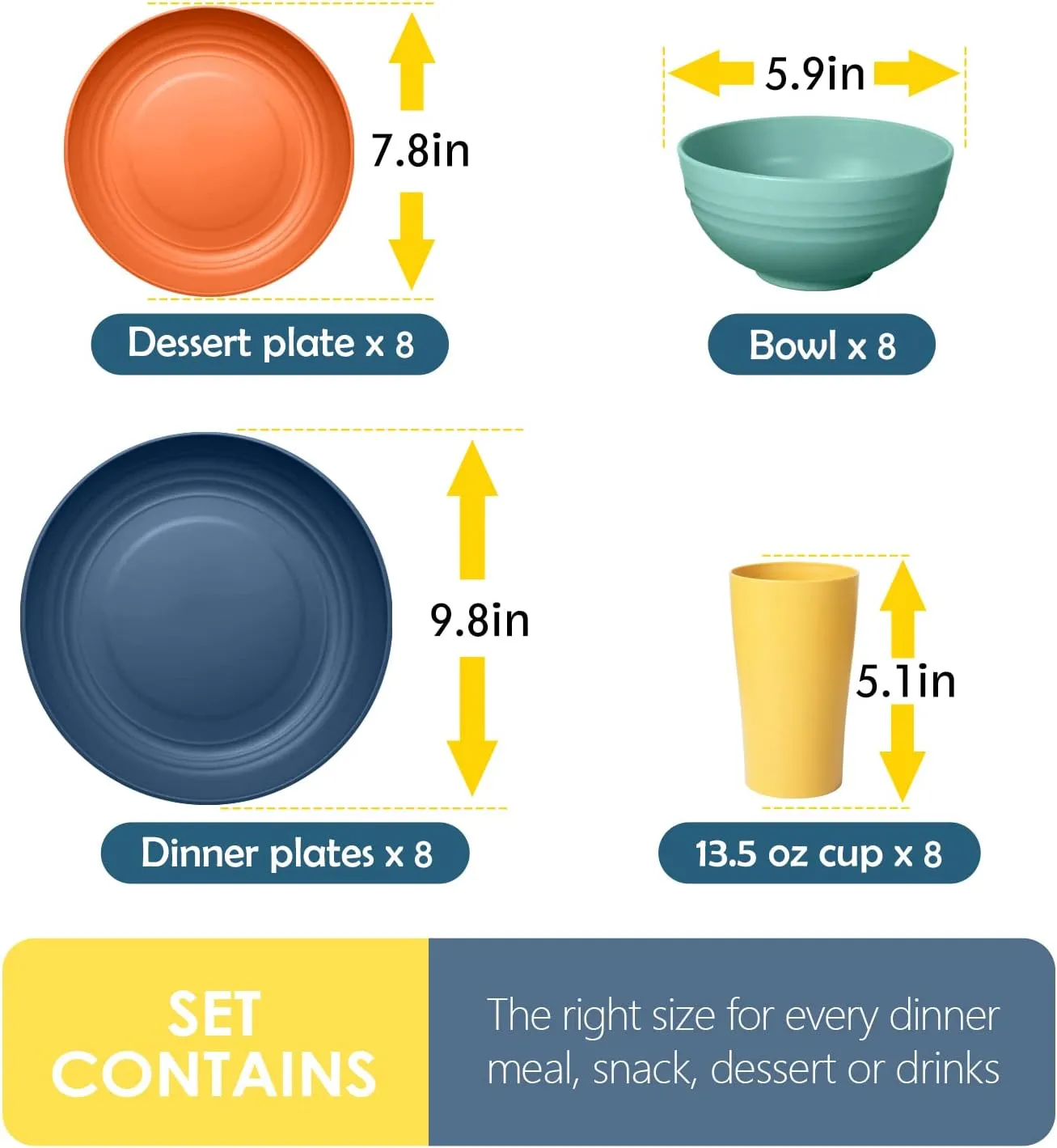Teivio 32-Piece Kitchen Plastic Wheat Straw Dinnerware Set, Service for 8, Dinner Plates, Dessert Plate, Cereal Bowls, Cups, Unbreakable Colorful Plastic Outdoor Camping Dishes, Autumn Multicolor
