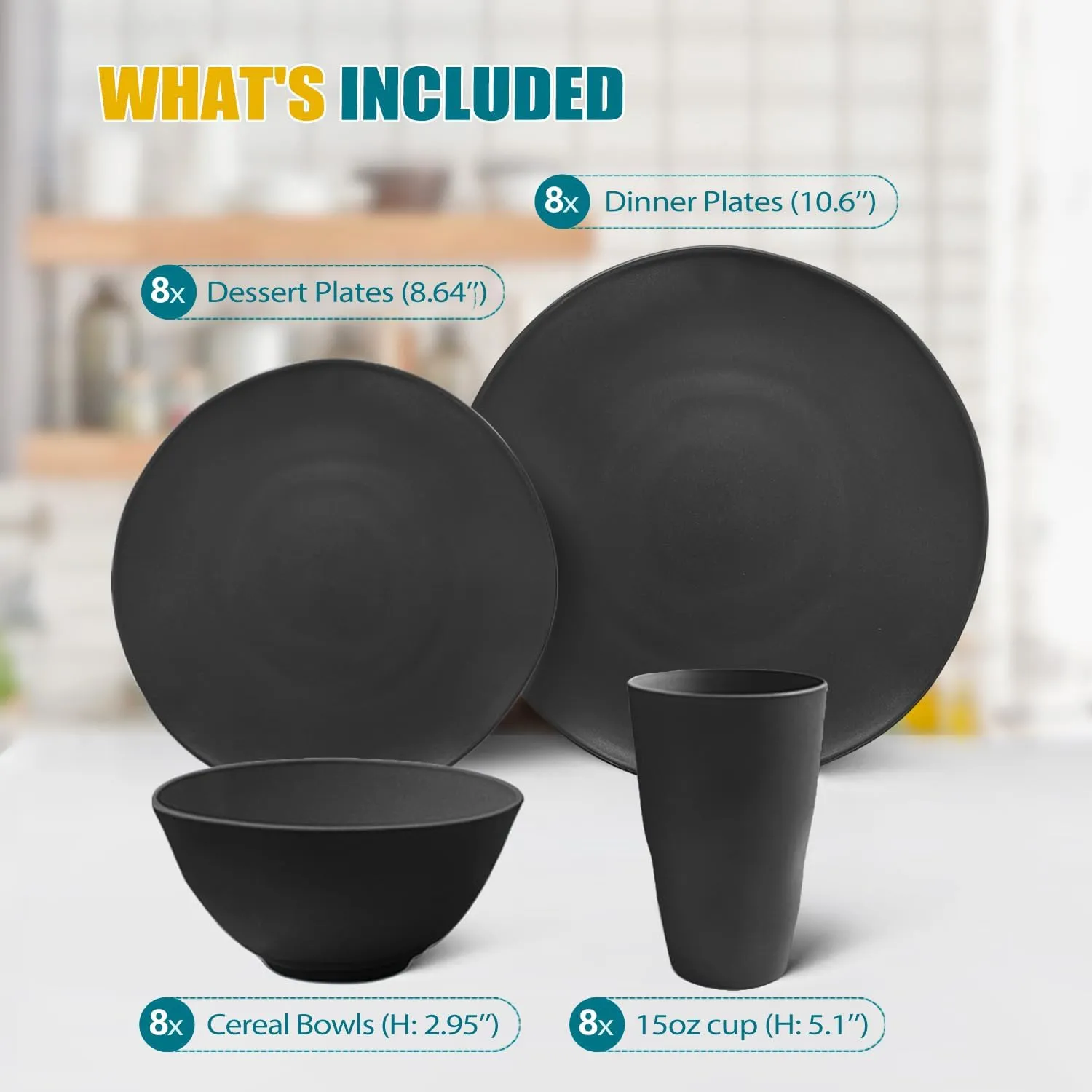 Teivio 32-Piece Kitchen Plastic Wheat Straw Dinnerware Set, Service for 8, Dinner Plates, Dessert Plate, Cereal Bowls, Cups, Unbreakable Colorful Plastic Outdoor Camping Dishes, Black Matte