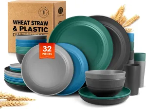 Teivio 32-Piece Kitchen Plastic Wheat Straw Dinnerware Set, Service for 8, Dinner Plates, Dessert Plate, Cereal Bowls, Cups, Unbreakable Colorful Plastic Outdoor Camping Dishes, Coastal Multicolor