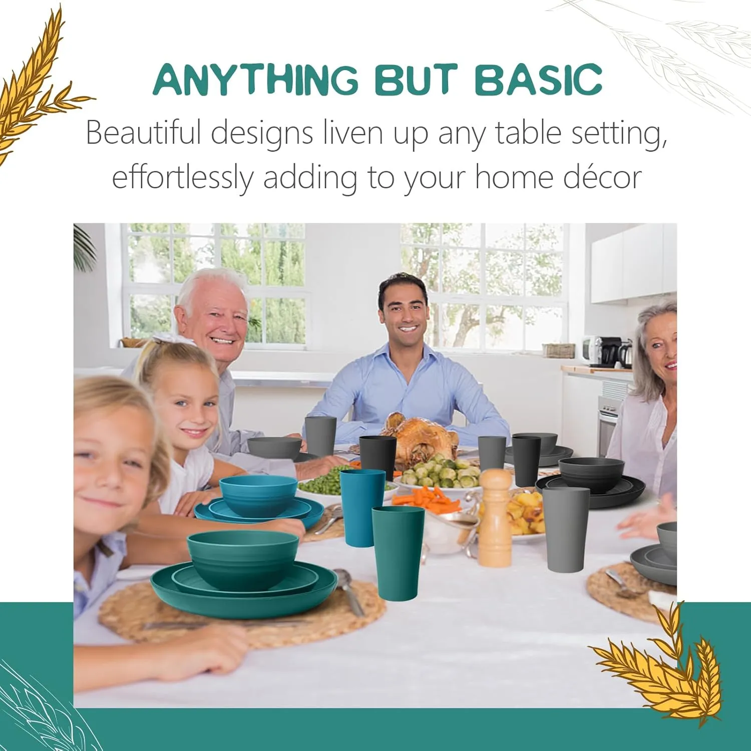 Teivio 32-Piece Kitchen Plastic Wheat Straw Dinnerware Set, Service for 8, Dinner Plates, Dessert Plate, Cereal Bowls, Cups, Unbreakable Colorful Plastic Outdoor Camping Dishes, Coastal Multicolor