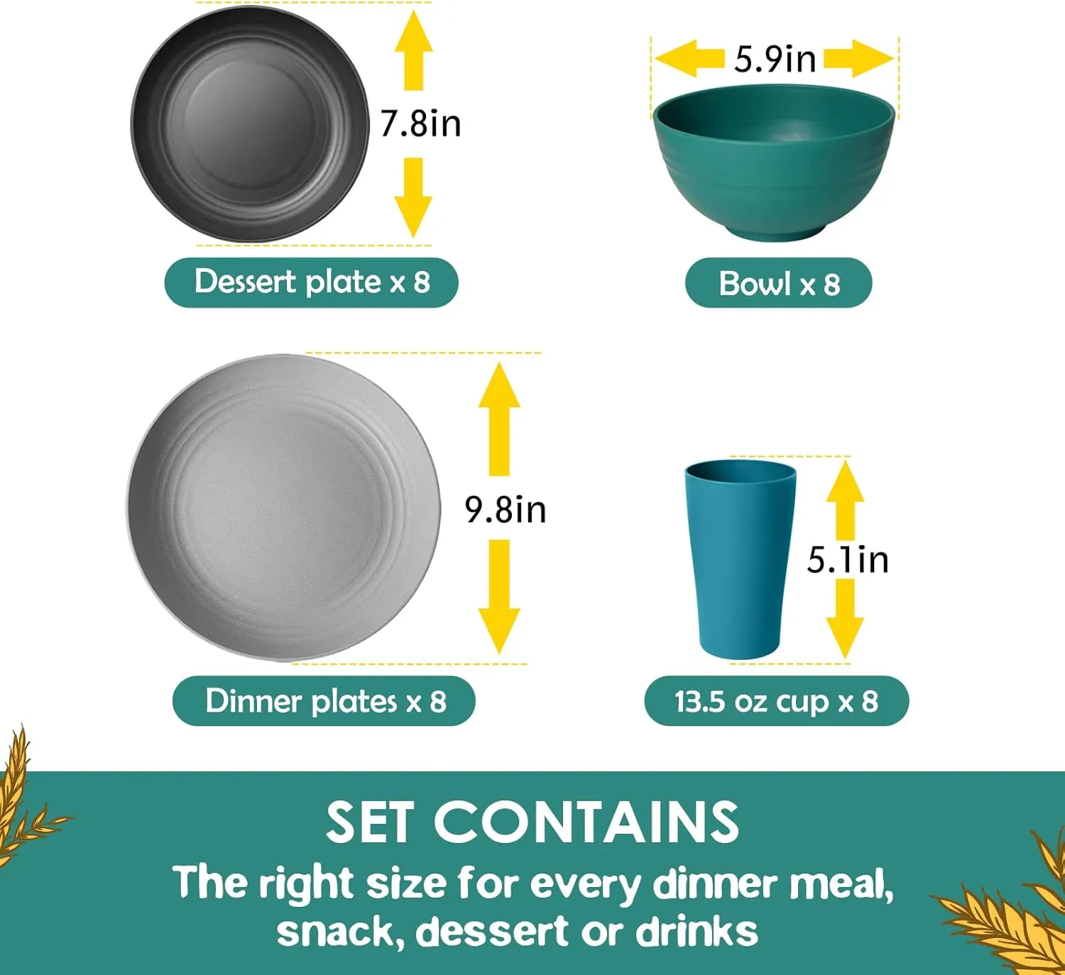 Teivio 32-Piece Kitchen Plastic Wheat Straw Dinnerware Set, Service for 8, Dinner Plates, Dessert Plate, Cereal Bowls, Cups, Unbreakable Colorful Plastic Outdoor Camping Dishes, Coastal Multicolor
