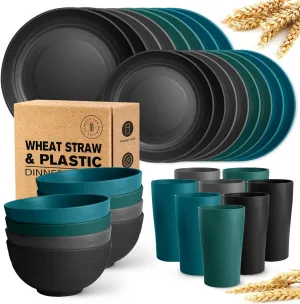Teivio 32-Piece Kitchen Plastic Wheat Straw Dinnerware Set, Service for 8, Dinner Plates, Dessert Plate, Cereal Bowls, Cups, Unbreakable Colorful Plastic Outdoor Camping Dishes,Coastal