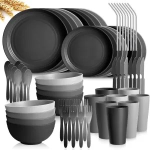 Teivio 32-Piece With Flatware Kitchen Plastic Wheat Straw Dinnerware Set, Service for 8, Dinner Plates, Dessert Plate, Cereal Bowls, Cups, Unbreakable Plastic Outdoor Camping Dishes, Gray Ombre