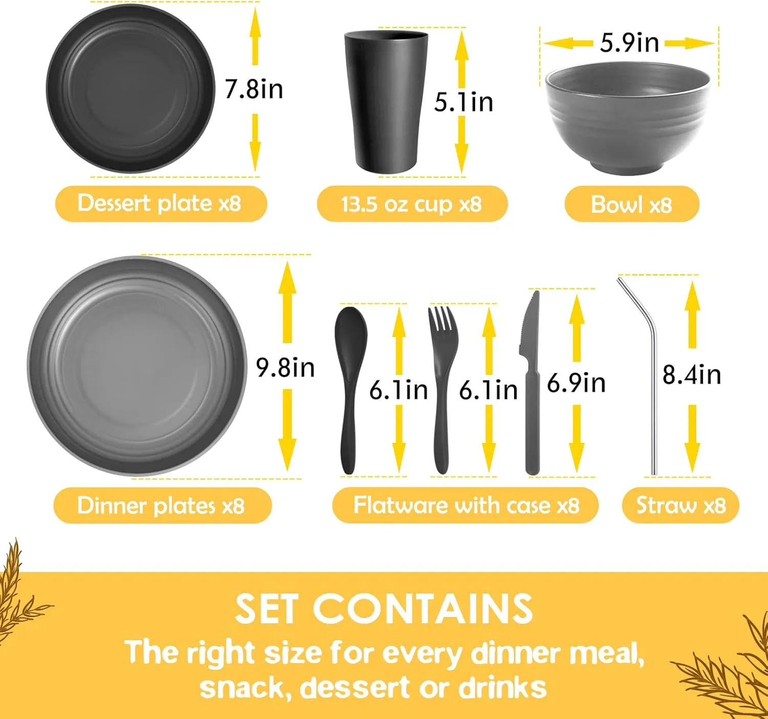 Teivio 32-Piece With Flatware Kitchen Plastic Wheat Straw Dinnerware Set, Service for 8, Dinner Plates, Dessert Plate, Cereal Bowls, Cups, Unbreakable Plastic Outdoor Camping Dishes, Gray Ombre