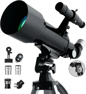 Telescope 70mm Aperture 500mm - for Kids & Adults Astronomical refracting Portable Telescopes AZ Mount Fully Multi-Coated Optics, with Tripod Phone Adapter, Wireless Remote, Carrying Bag Black