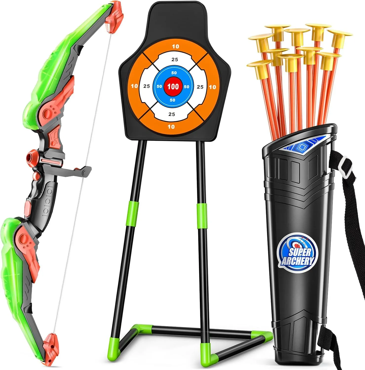 TEMI Bow and Arrow Set for Kids with LED Lights-Archery Set with 10 Suction Cup Arrows, Quivers & Standing Target, Outdoor Toys for Kids Boys & Girls Ages 3-12 Years Old