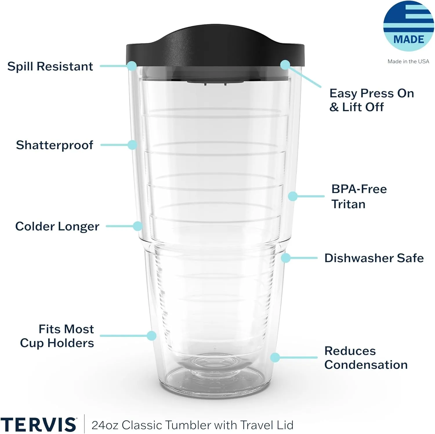 Tervis Clear & Colorful Lidded Made in USA Double Walled Insulated Tumbler Travel Cup Keeps Drinks Cold & Hot, 24oz 2pk, Blue Lid