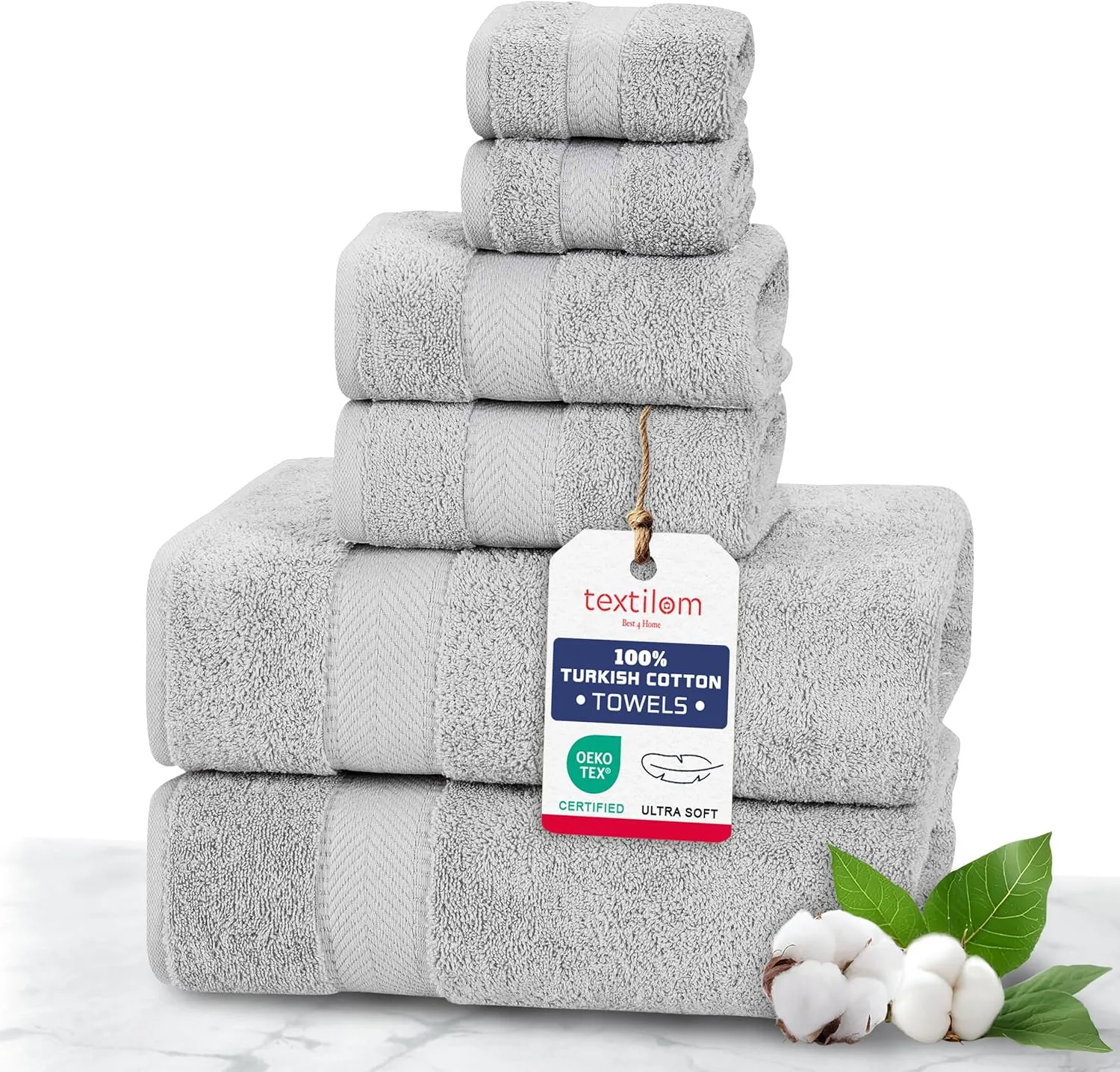 TEXTILOM 100% Turkish Cotton 6 Pcs Bath Towel Set, Light Grey, Soft & Absorbent Bathroom Towels for Gym, Beach, Spa, Hotel, Travel