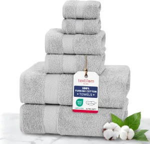 TEXTILOM 100% Turkish Cotton 6 Pcs Bath Towel Set, Light Grey, Soft & Absorbent Bathroom Towels for Gym, Beach, Spa, Hotel, Travel