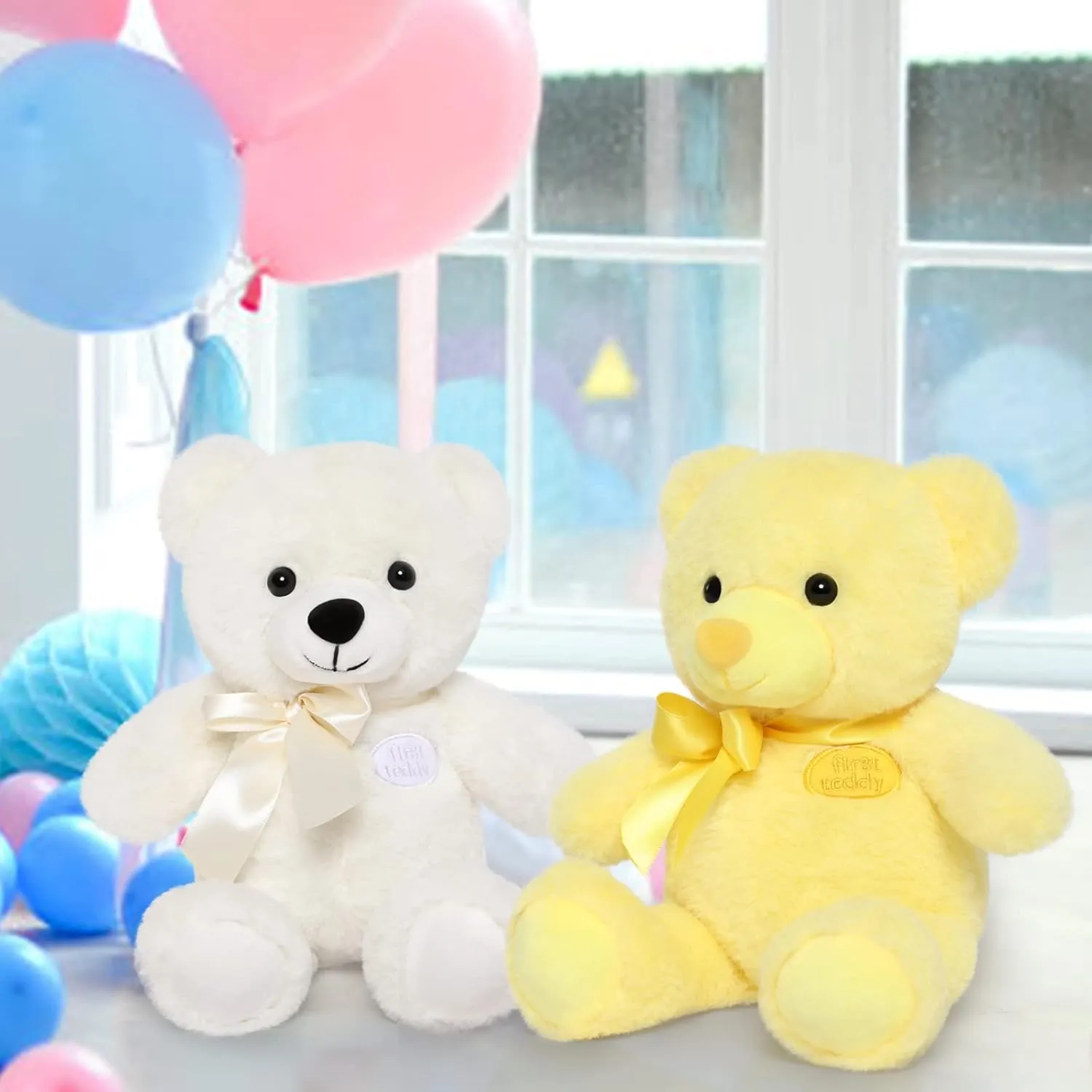 Tezituor 2 Pack Teddy Bear Stuffed Animal Toy, 12 inch Small White and Yellow Stuffed Teddy Bear Plush with Bow Tie for Kids Girls Boys