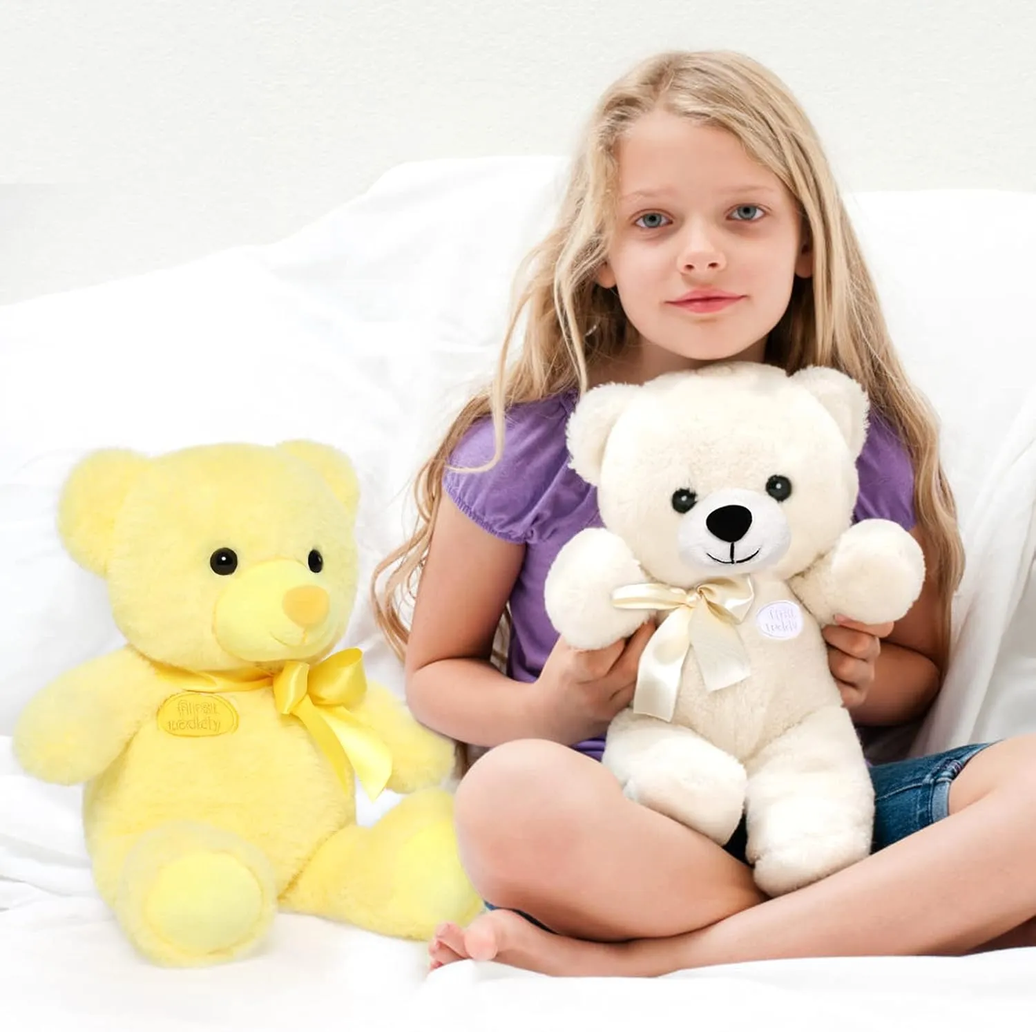 Tezituor 2 Pack Teddy Bear Stuffed Animal Toy, 12 inch Small White and Yellow Stuffed Teddy Bear Plush with Bow Tie for Kids Girls Boys