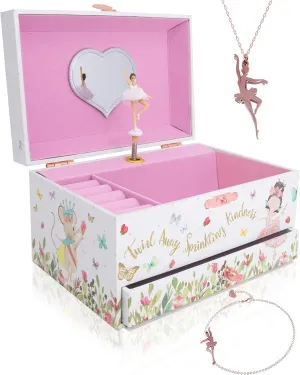 The Memory Building Company Ballerina Musical Jewelry Box, Classic Melody, Storage Organizer Kids Ages 6-12, Wood Construction w/ 2 Compartments