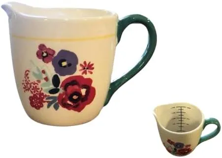The Pioneer Woman Measuring Cup Ceramic Pitcher 4-Cup, Flea Market Design, with Recipe Card