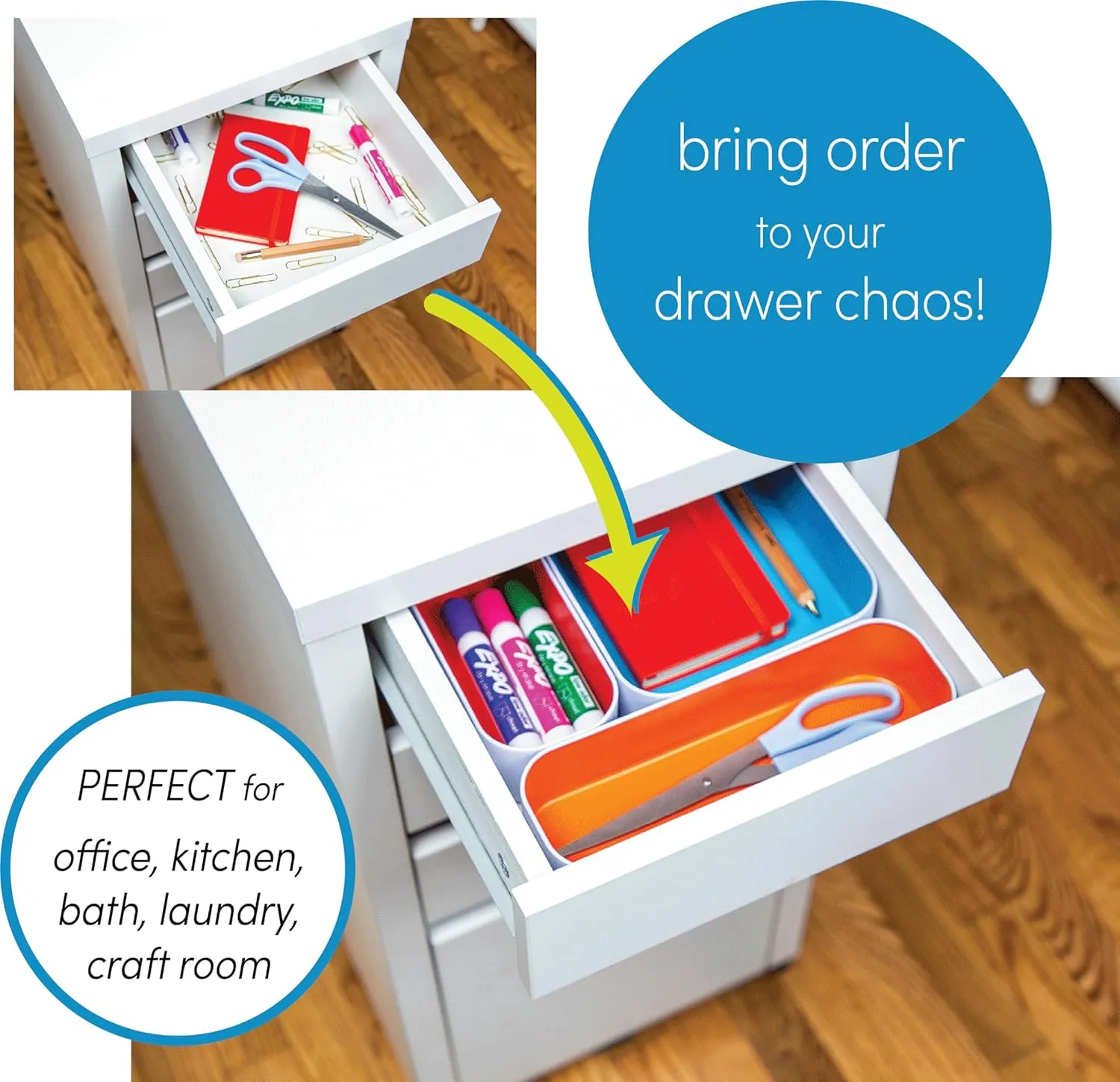 Three by Three Seattle 5 Piece Metal Organizer Tray Set for Storing Makeup, Stationery, Utensils, and More in Office Desk, Kitchen and Bathroom Drawers (1 Inch, Blue Black Red and Dots)