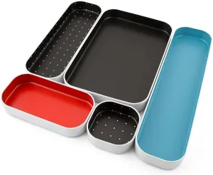 Three by Three Seattle 5 Piece Metal Organizer Tray Set for Storing Makeup, Stationery, Utensils, and More in Office Desk, Kitchen and Bathroom Drawers (1 Inch, Blue Black Red and Dots)