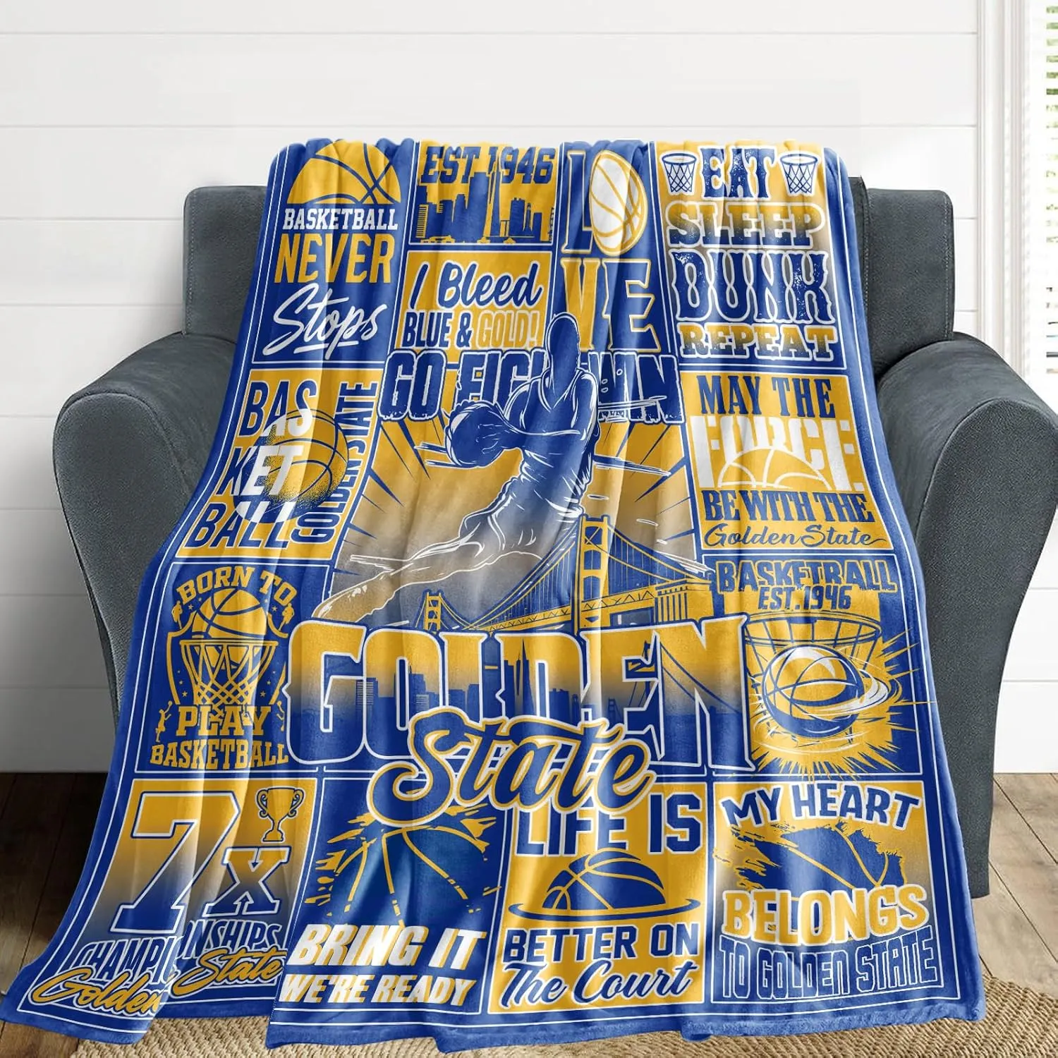 Throw Blanket for Couch, Cooling Blankets for Hot Sleepers, Golden State Basketball Gifts for Men and Women, 60x50 Inches, Merch Kids Boys