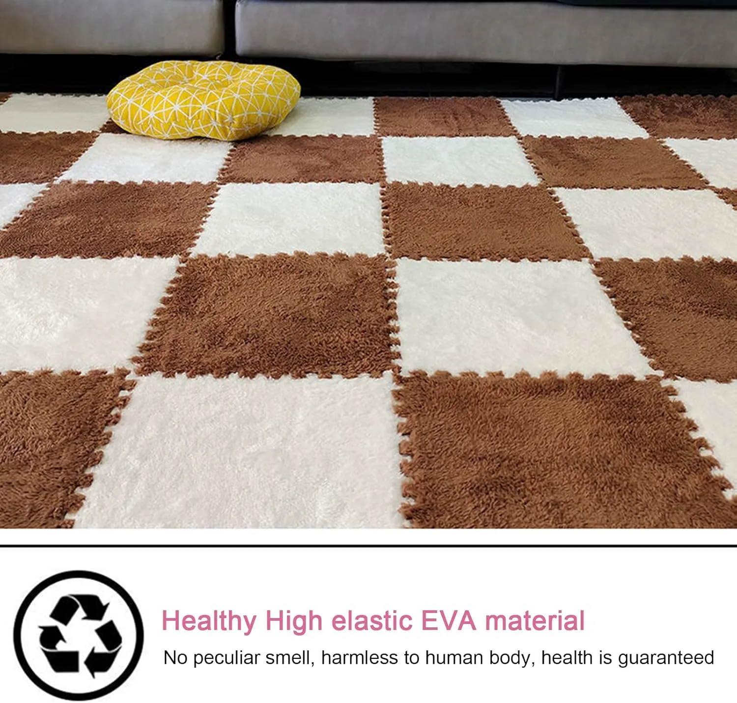 Tiles Plush Foam Floor Mats Set - Soft, Fluffy 10 Sq.Ft Area Rug - 10 Pieces, 12x12 inch Puzzle Playmat with Border