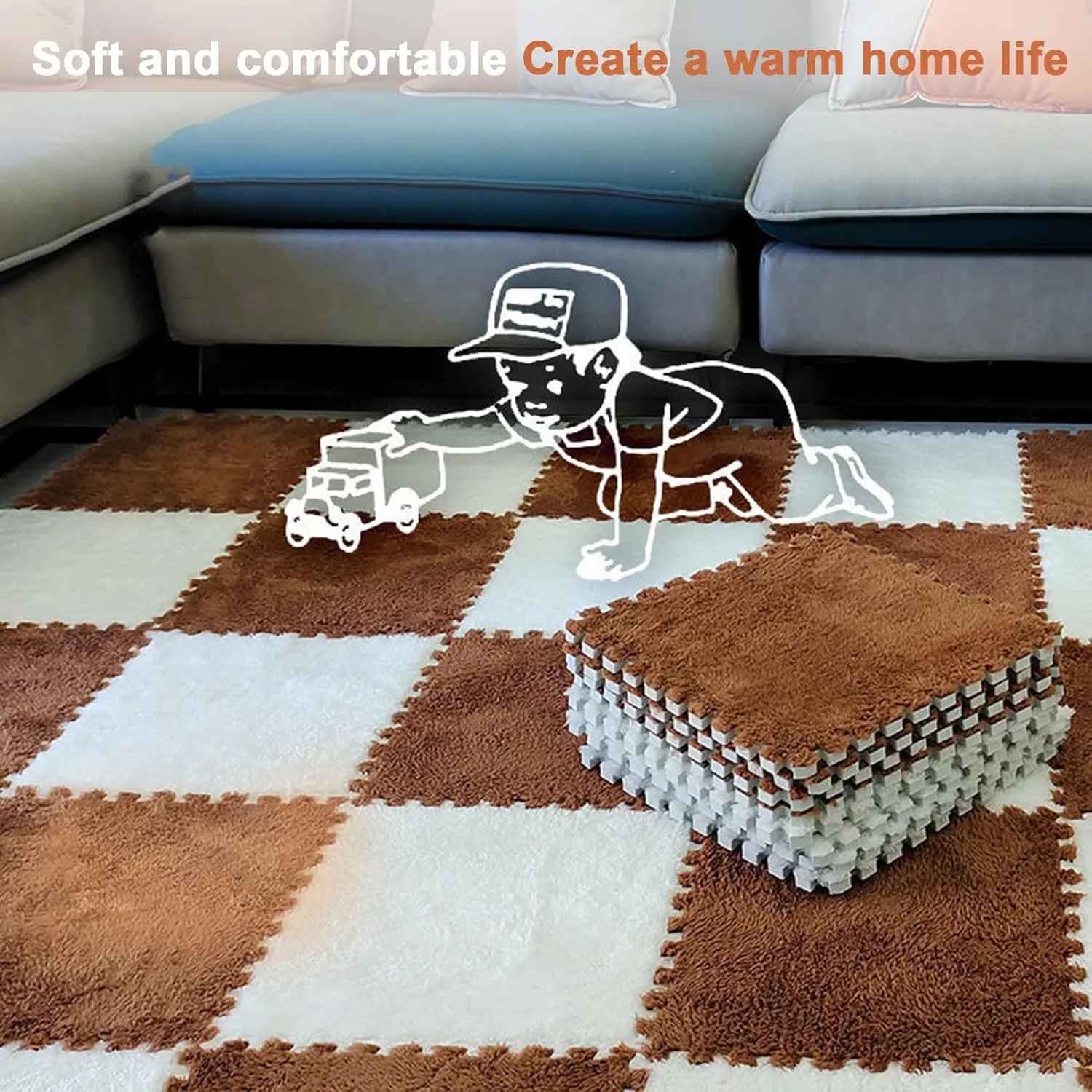 Tiles Plush Foam Floor Mats Set - Soft, Fluffy 10 Sq.Ft Area Rug - 10 Pieces, 12x12 inch Puzzle Playmat with Border
