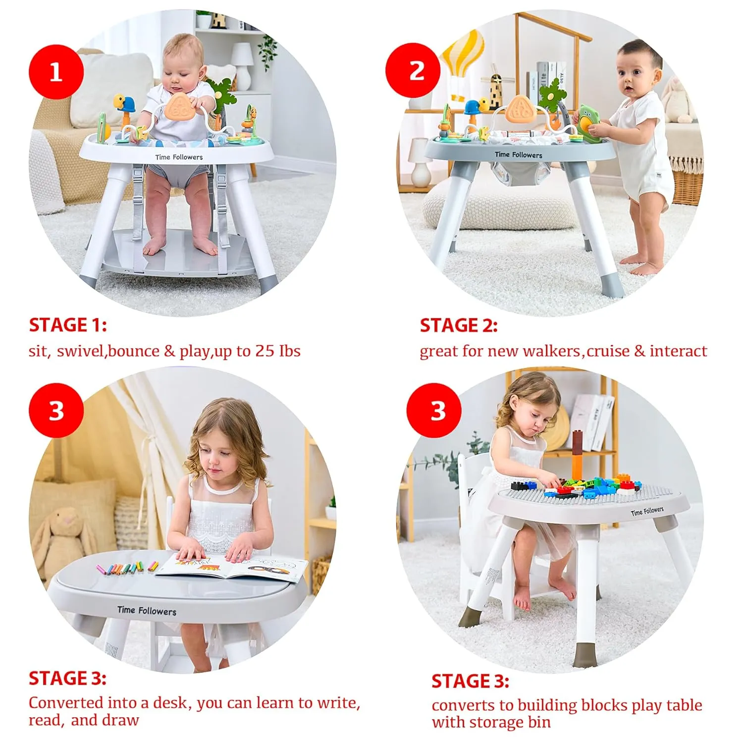 Time Followers® Baby Activity Center | 3-Stage 4Modes Standing Play Table | Baby Essential,Exersaucer, Jumper & Bouncer | Montessori-Inspired Design for Ages 6M  (White)