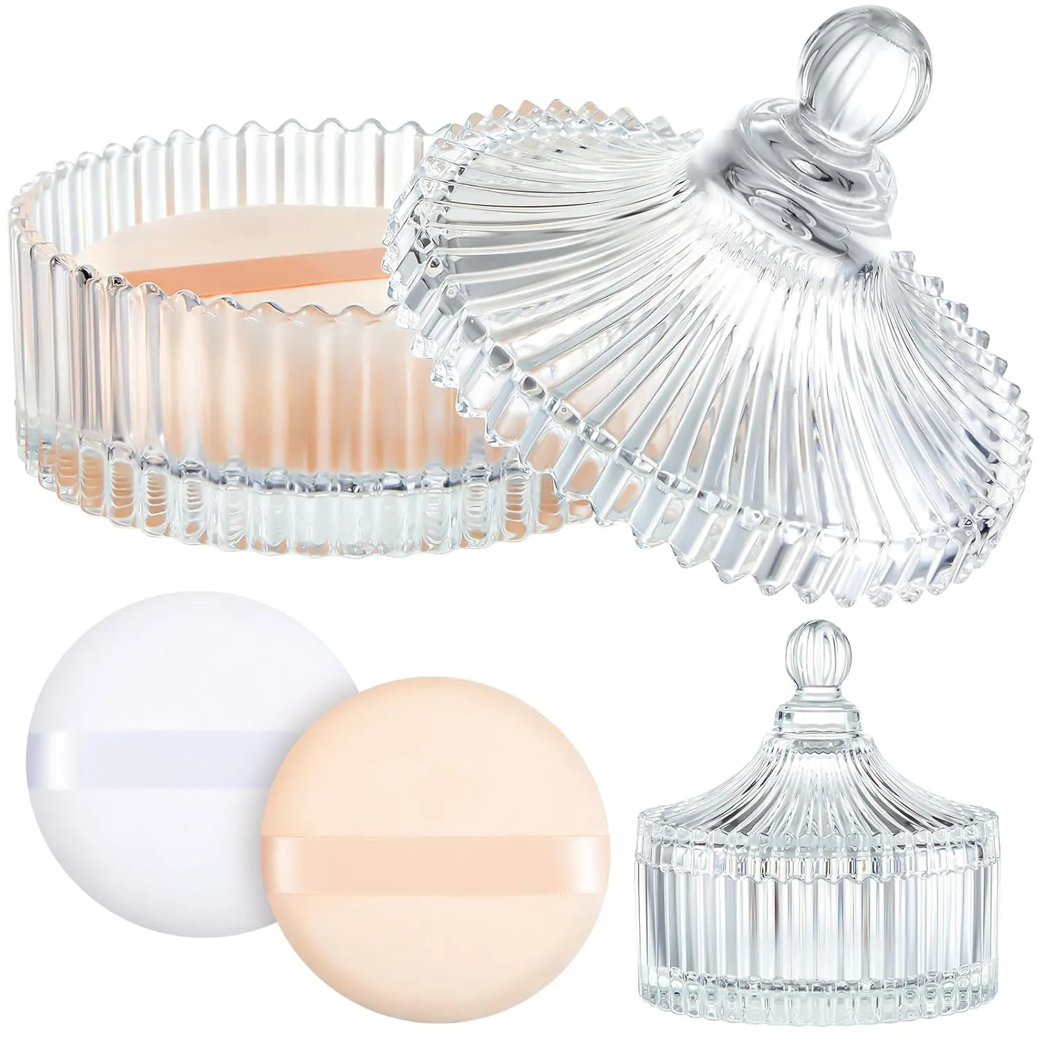 Tioncy 3 Pcs Extra Large Body Powder Puff and Container 5.43'' Glass Body Container with 5.12'' Powder Puff Glass Jar for Women's Talcum(Clear)