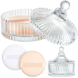 Tioncy 3 Pcs Extra Large Body Powder Puff and Container 5.43'' Glass Body Container with 5.12'' Powder Puff Glass Jar for Women's Talcum(Clear)